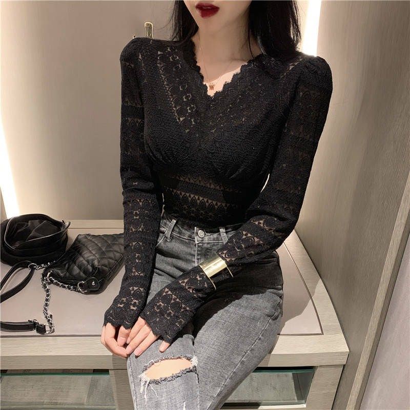 Áo Kiểu Cổ Chữ V Phối Ren Lưới Phong Cách Hàn Quốc Thời Trang Mới Cho Nữ