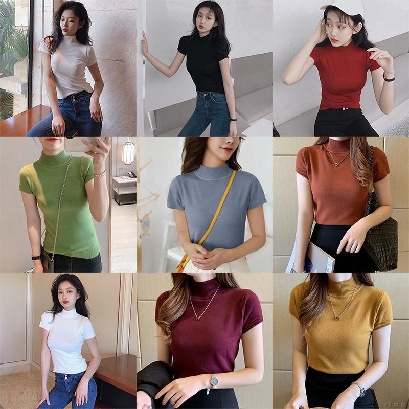 Áo thun dệt kim cổ lọ màu trơn tay ngắn phong cách đơn giản dành cho phái đẹp