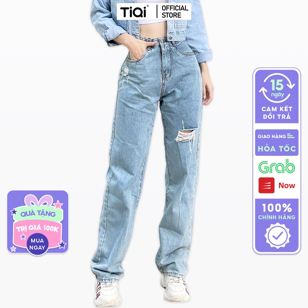 Quần jean ống suông nữ rách gối cao cấp TiQi Jeans B2-202