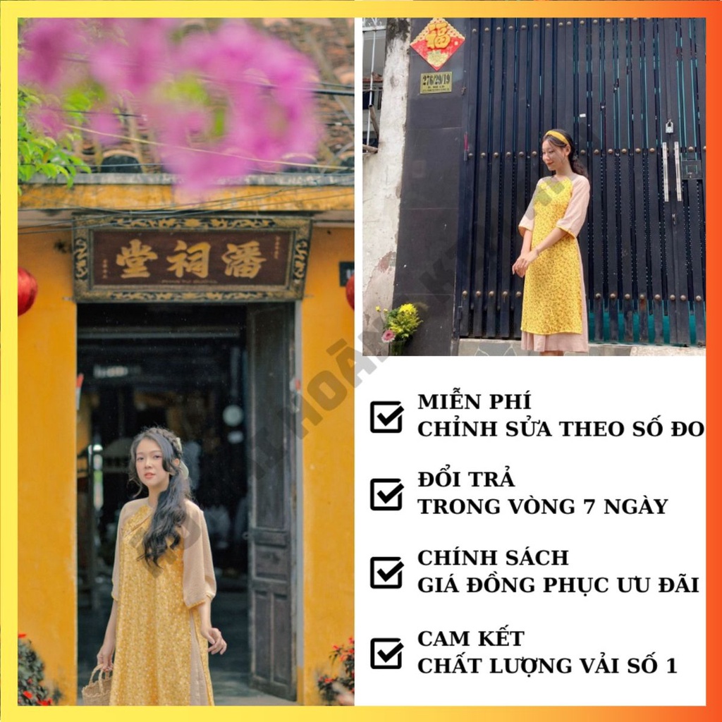 ÁO DÀI DÁNG SUÔNG CÁCH TÂN NỮ KÈM CHÂN VÁY KIỂU ĐẦM ĐŨI MAY SẴN MÀU VÀNG IN HOA NHÍ CÓ ÁO DÀI BIGSIZE ADCT2TDX-Vàng
