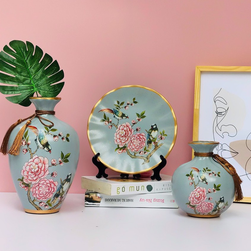 Bộ Lọ Decor 3 Món Bình Hút Lộc Trang Trí Tặng Kèm Kệ Đĩa Dây Buộc