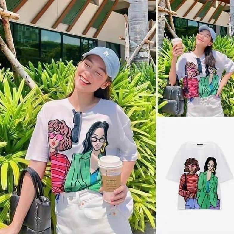 < XẢ KHO> Áo phông zara cho nữ in hình 2 cô gái hottred áo thun nữ unisex tay lỡ form rộng