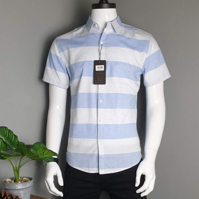 Áo sơ mi nam cọc tay kẻ sọc lên dáng chuẩn, form body Hàn Quốc xanh trắng