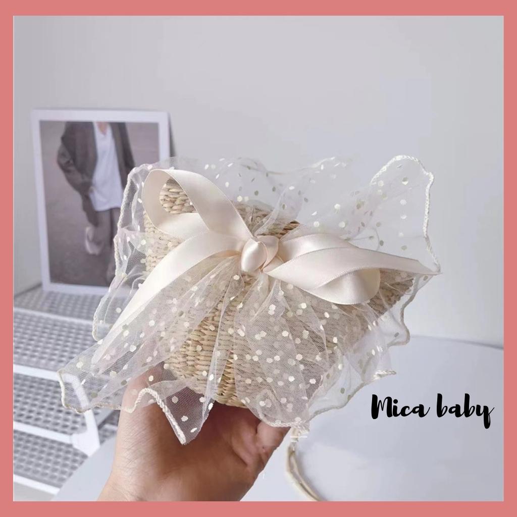 Túi cói đeo chéo đính nơ voan bản to siêu cưng cho mẹ và bé Mica Baby TC07