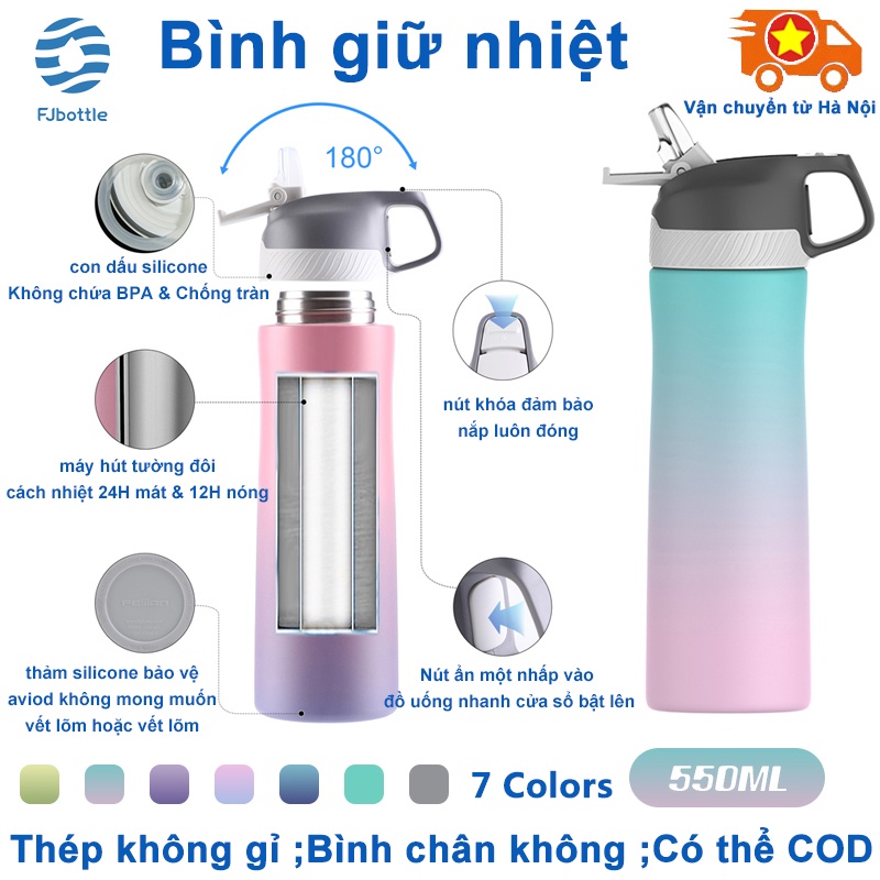 FJbottle màu hồng xanh lá cây Bình nước giữ nhiệt lạnh và nóng hiện nhiệt độ cỡ 550ml inox FJ001