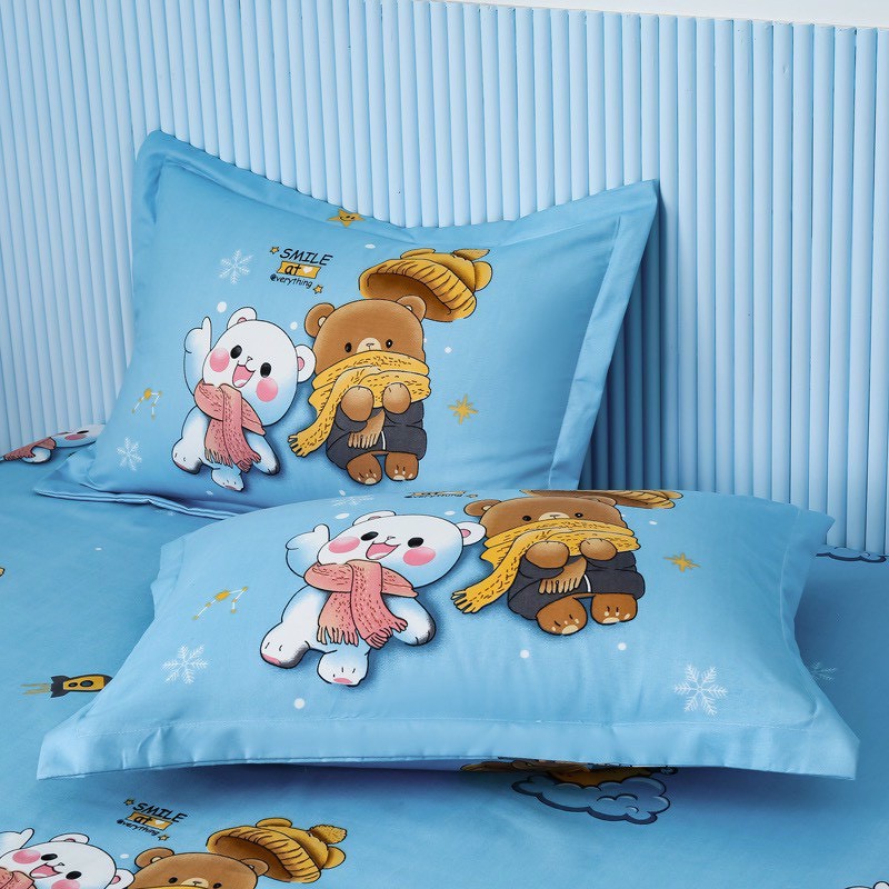 BỘ CHĂN GA GỐI HÈ THU COTTON TINA 3D - GẤU VÀ THỎ XANH