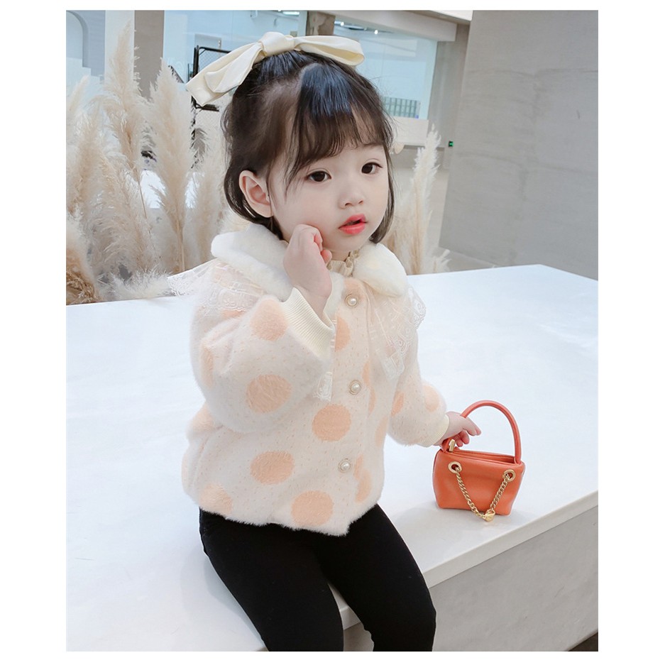 Áo khoác lông lót nhung bé gái size 8-15kg họa tiết chấm tròn chất siêu đẹp AK11