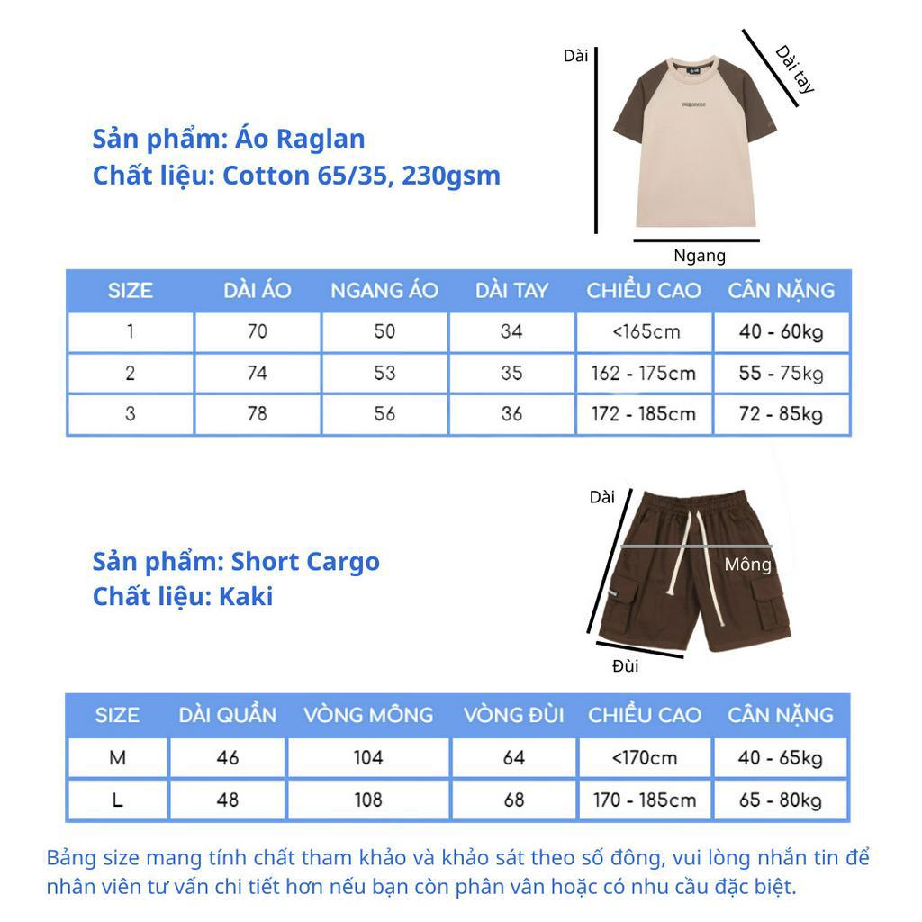 Combo 7 SAIGONESE Áo Thun Raglan Kem Tay Nâu + Short Cargo Túi Hộp Nâu