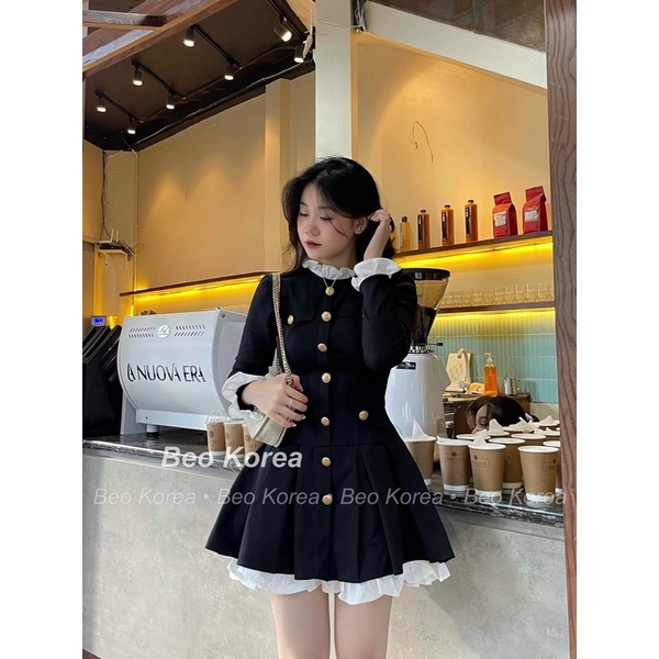 Đầm Đen Phối Bèo Trắng Cúc Đồng Hàng Thiết Kế Quảng Châu Cao Cấp