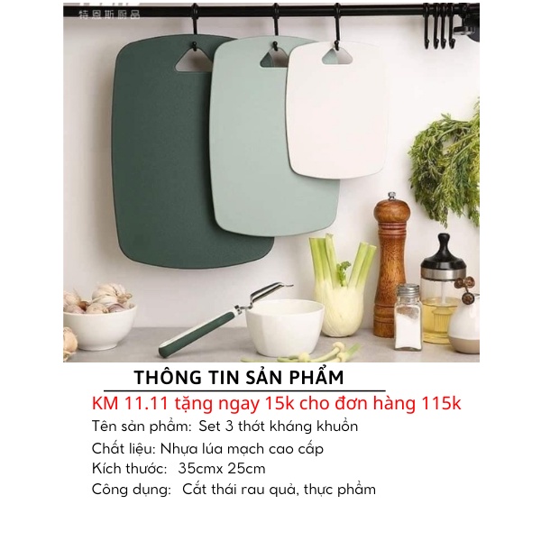 Thớt nhựa kháng khuẩn chống trơn trượt set 3 chiếc cao cấp