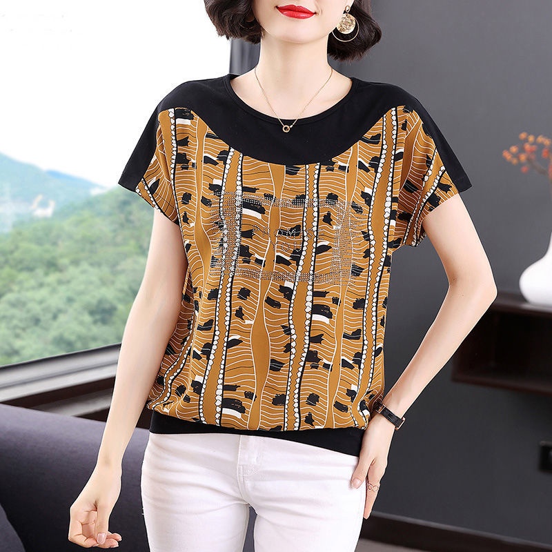 Áo thun chiffon cổ tròn tay ngắn dáng rộng thời trang mùa hè cho phụ nữ trung niên