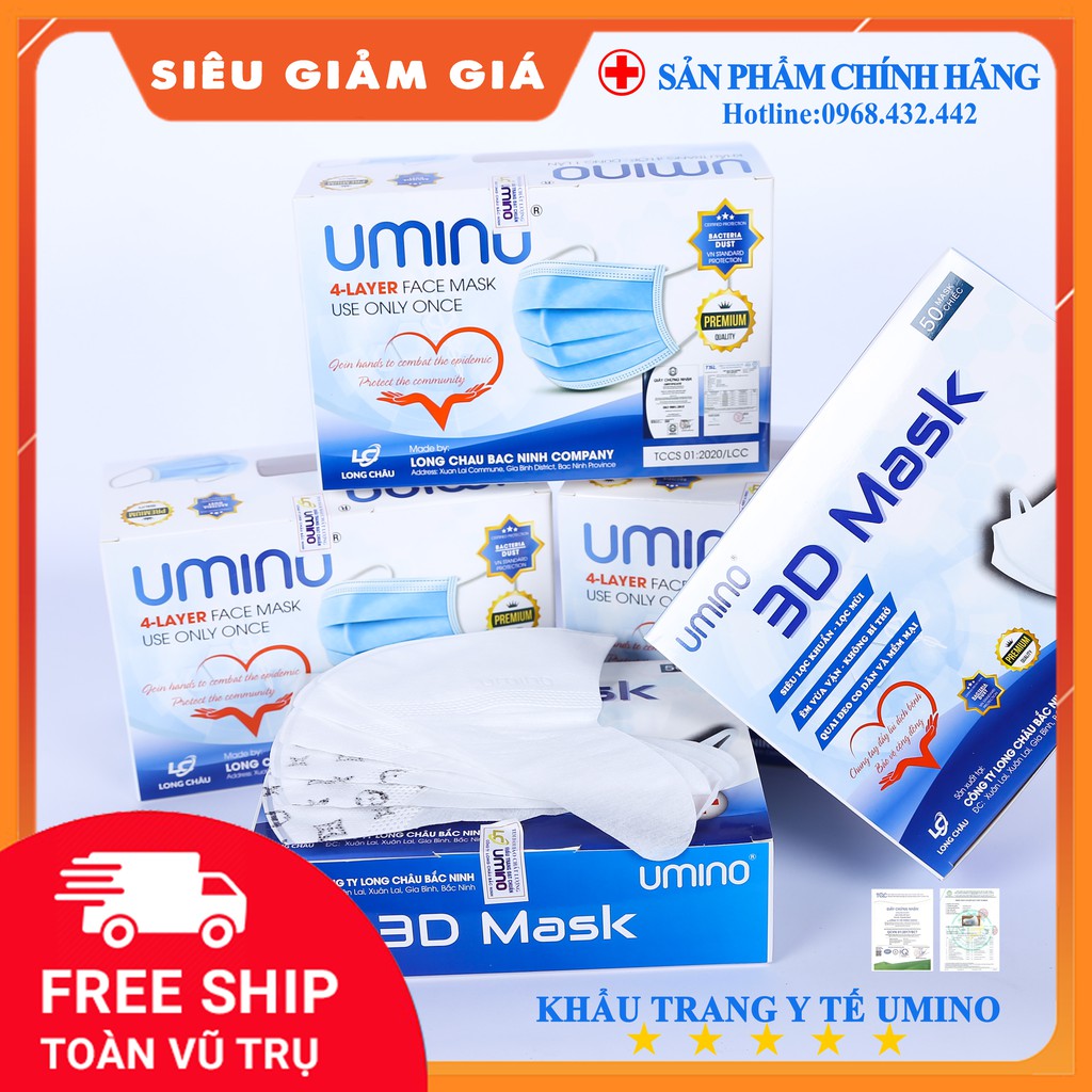 Khẩu trang 3D Mask Umino công nghệ dập Nhật Bản hộp 50 cái - Hàng Chính Hãng công ty Long Châu