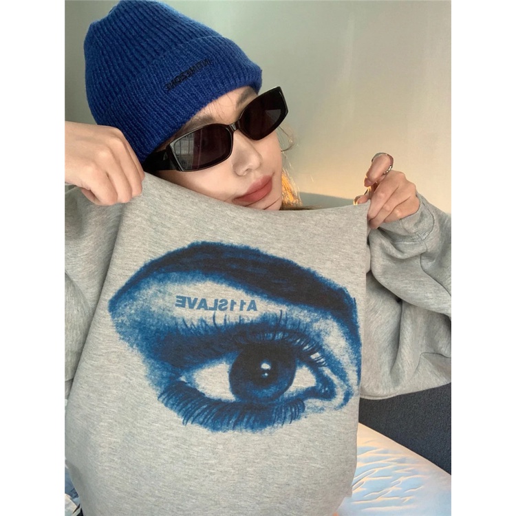 QKOOLE  Áo Hoodie Tay Dài Cổ Tròn In Họa Tiết Phong Cách Hàn Quốc Cho Nữ