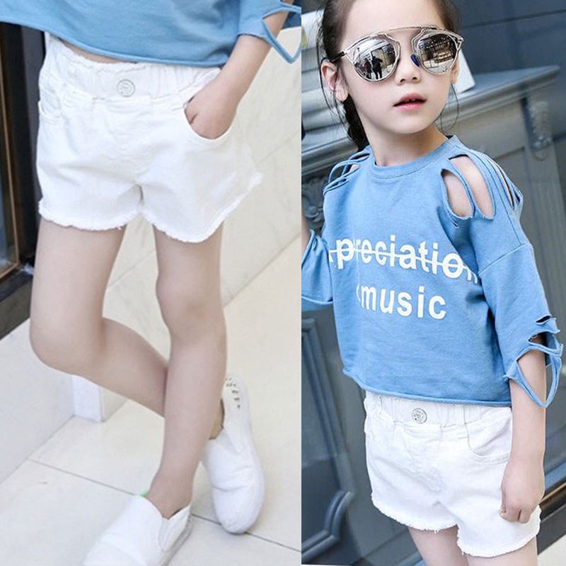 Quần short denim cho bé gái mùa hè, quần ba điểm cotton trẻ em, quần đùi mùa hè cho bé, quần rộng thoáng khí nóng