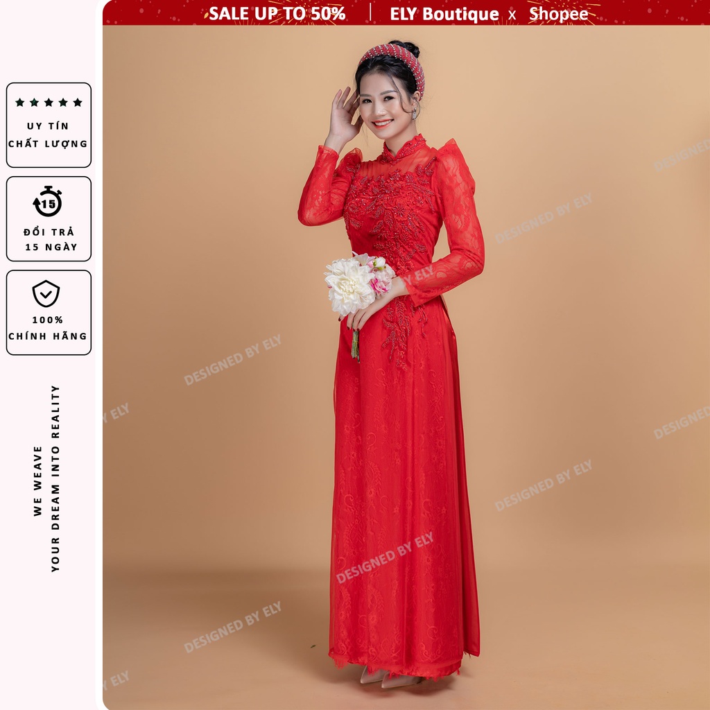 Áo dài cưới truyền thống cao cấp ELY thân đính kết hoa ren 3 lớp 6 tà ELR03