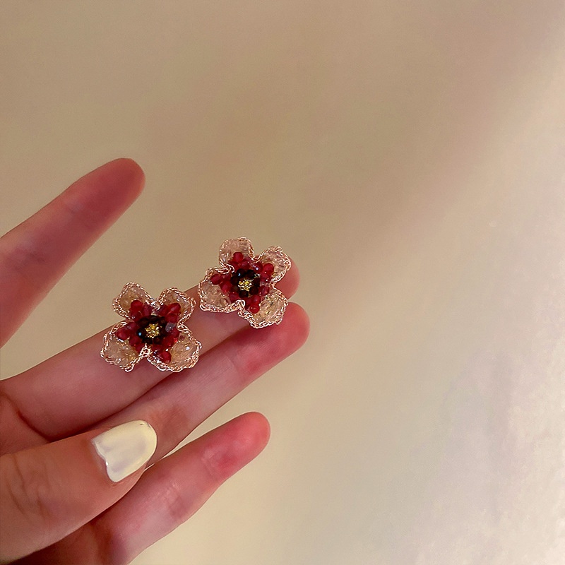 1 Đôi Bông Tai Bạc Hình Hoa Hồng Đính Kim Cương & Ngọc Trai Đỏ Phong Cách Hàn Quốc Thời Trang