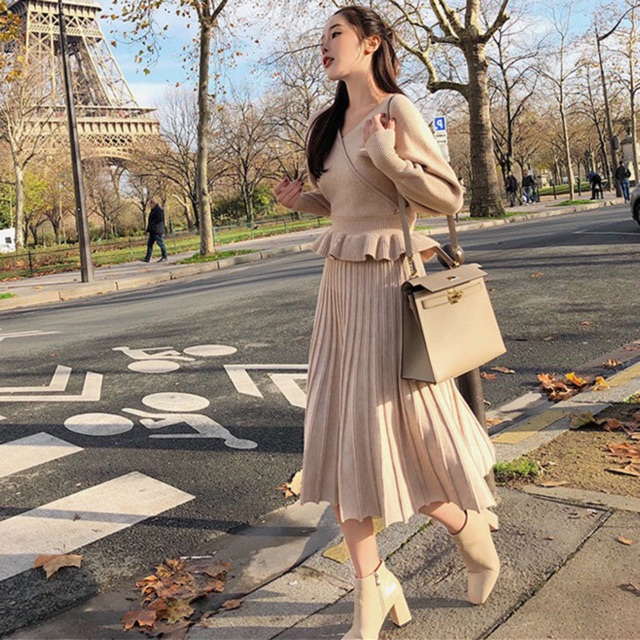 Sét áo váy len xoè thun eo