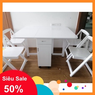 BÀN ĂN GỖ SỒI THÔNG MINH GẤP GỌN MẦU TRẮNG ( BỘ 4 GHẾ)