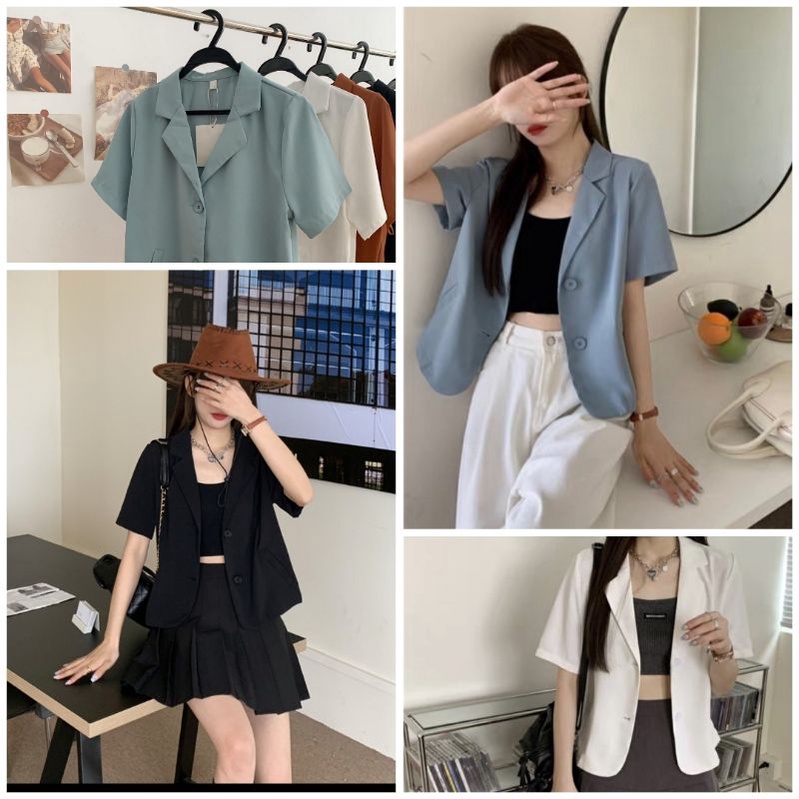 áo blazer ngắn tay trơn basic ảnh thật