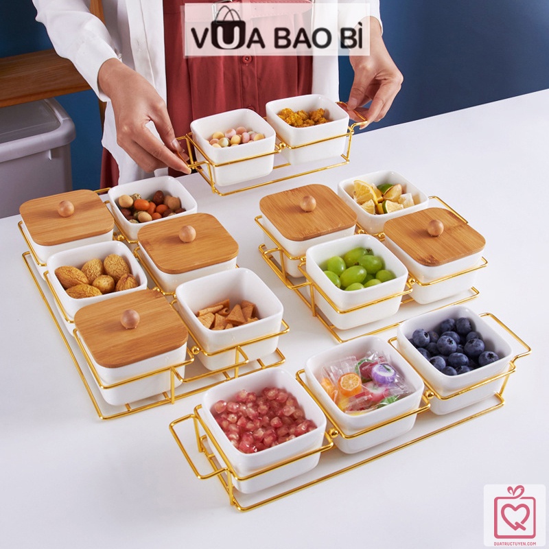 Khay mứt tết Nắp Gỗ-hũ đựng hạt hoa quả để bàn giá sắt sang trọng bày trí phòng khách Vua Bao Bì