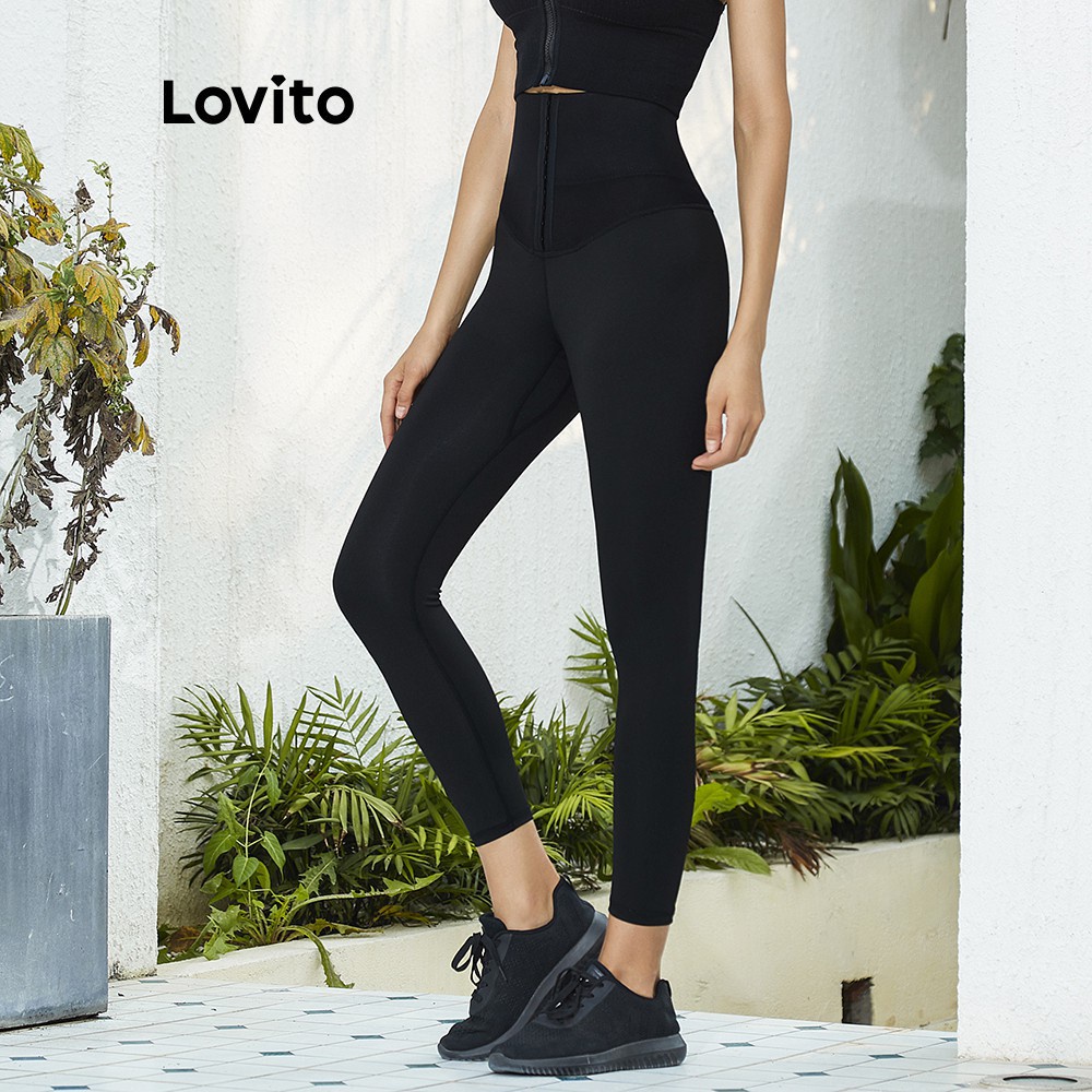 Quần legging tập yoga LOVITO L02107 màu đen trơn lưng cao định hình cơ thể | BigBuy360 - bigbuy360.vn