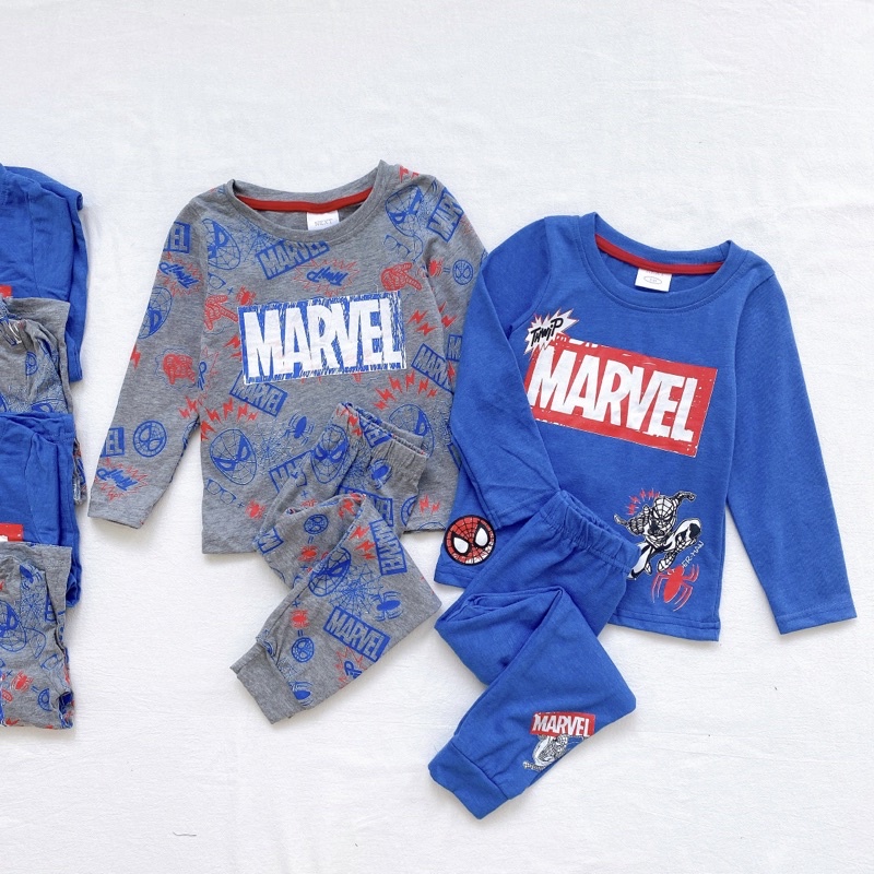 Set 2 bộ cotton dài tay cho bé trai in marvel xanh ghi