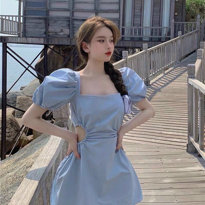 Váy đầm nữ mini dáng xòe cổ vuông tay bồng hở eo màu xanh