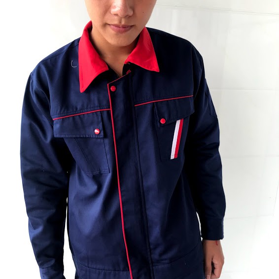 Áo bảo hộ lao động nam nữ màu than phối đỏ cài nút SHUNI -002A vải kaki liên doanh loại dày, đồng phục kỹ sư,xây dựng