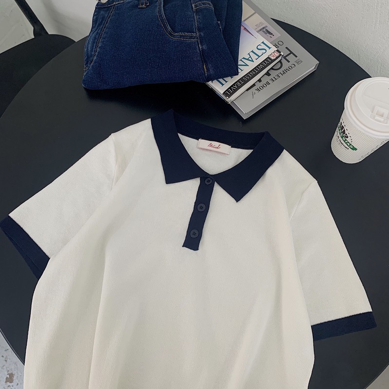 Áo polo dệt kim ngắn tay thời trang xuân thu Pháp