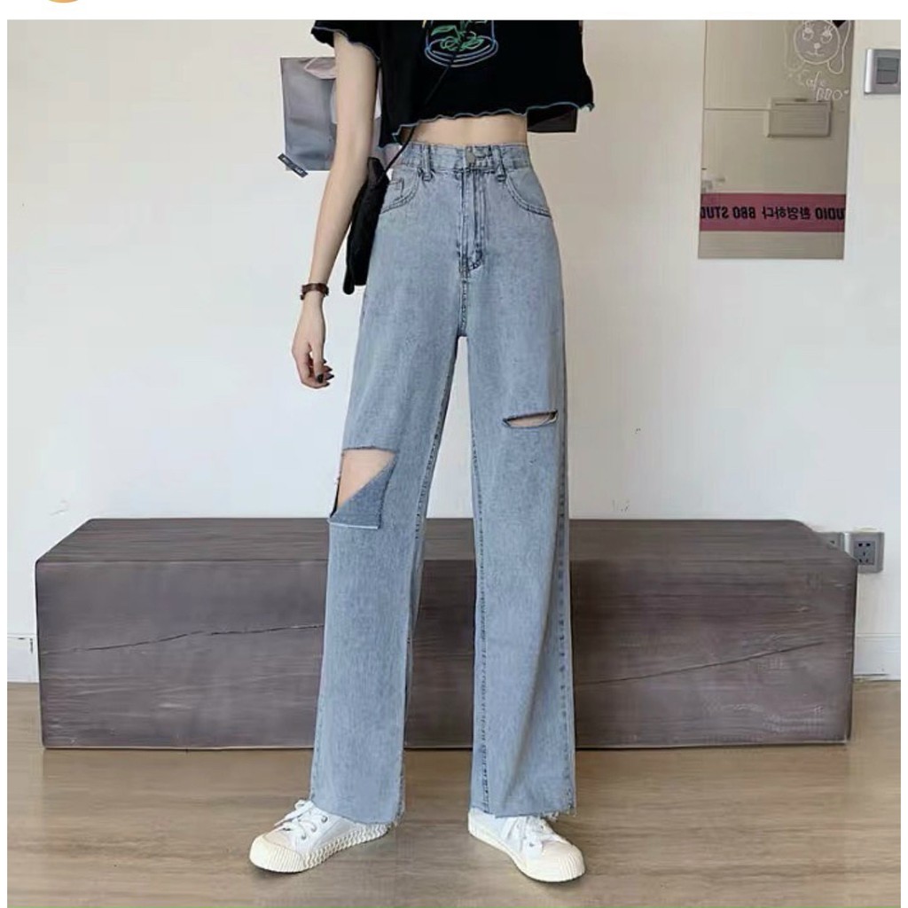 Quần jeans suông rách gối cạp cao đủ size S-M-L