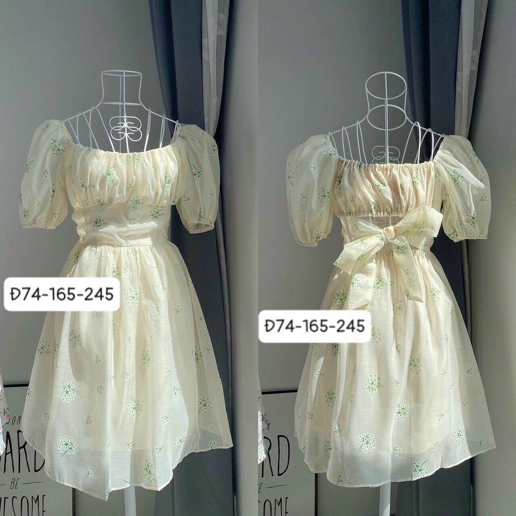 Đầm hoa tay phồng cut out nơ lưng bo eo Đ74 - phong cách trẻ trung, đáng yêu