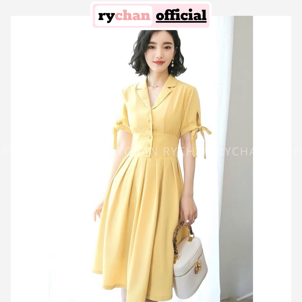 [ẢNH THẬT CUỐI] DX595 - Đầm Xòe Vàng Đắp Chéo Cổ Vest Nút Bọc Nơ Tay Công Sở