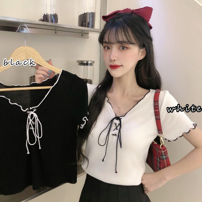 Áo nữ BH dệt kim tay ngắn phối dây thời trang