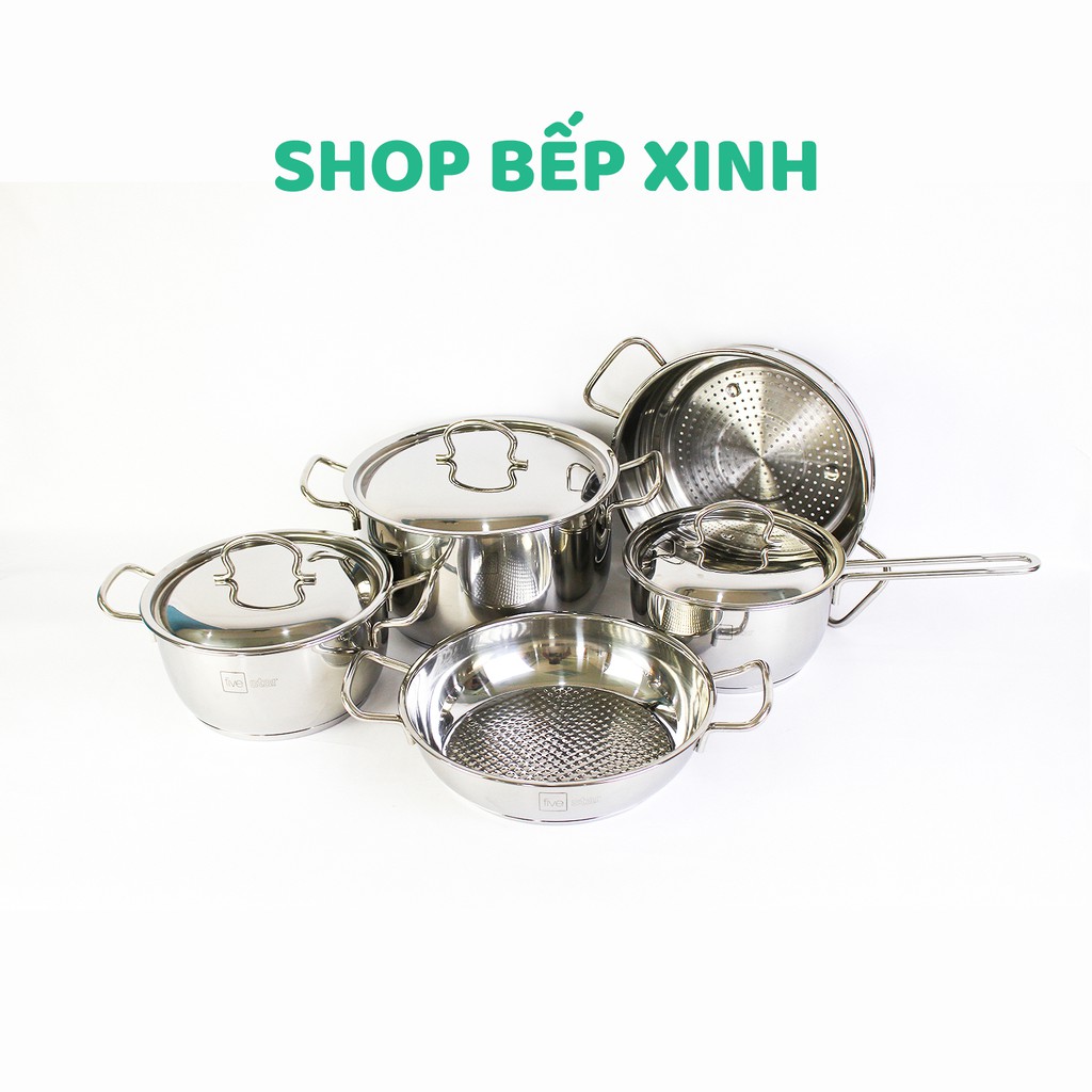 Bộ nồi inox FIVESTAR 5 chiếc 3 đáy bếp từ nắp inox ( 1 quánh 18cm x 1 N20cm , 1bộ nồi xửng 24cm, 1 chảo caro 24cm )