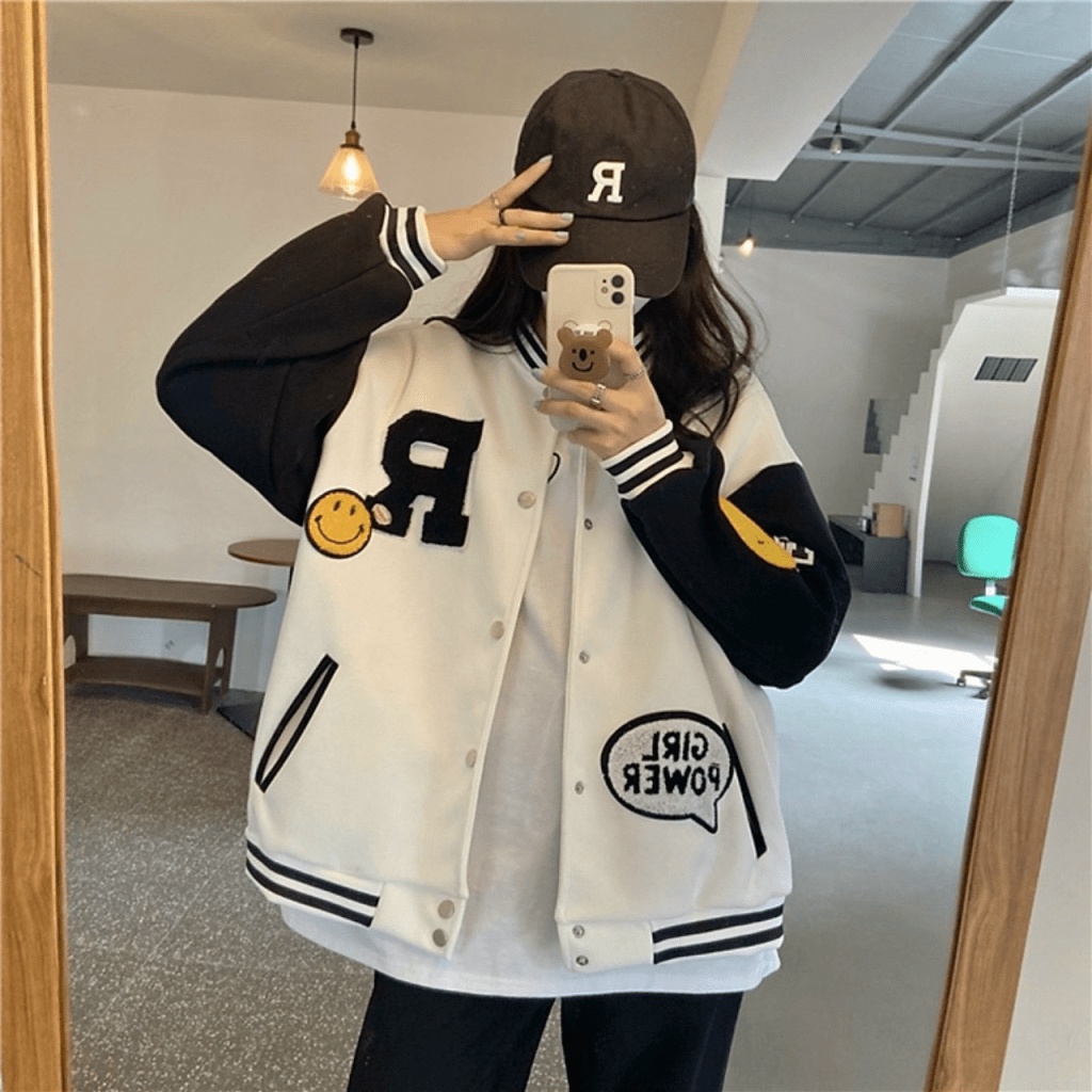 ÁO KHOÁC BOMBER  NAM NỮ HỌA TIẾT CHỮ R  MẶT CƯỜI THỜI TRANG HÀN