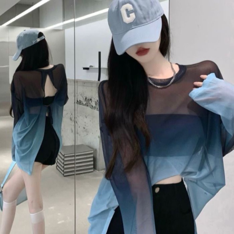 Áo thun IELGY dáng rộng vải lụa mát mỏng màu gradient chống nắng dành cho phái nữ