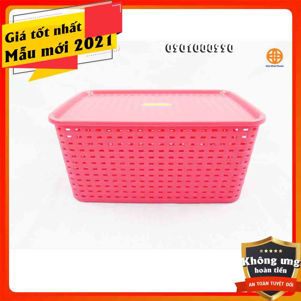 ⚡RẺ VÔ ĐỊCH⚡Rổ nhựa đựng đồ, quần áo hình chữ nhật Việt Nhật - Giả mây đan - Có nắp đậy, quai xách