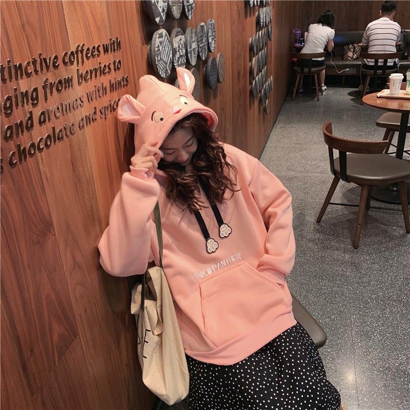 [ORDER] Áo hoodie nữ tay dài có túi áo có tai ở nón hoạt hình pink panther ulzzang ( 4 màu )