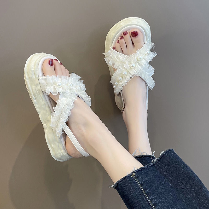 Dép Sandal Đế Dày Quai Ngang Đính Hạt Ngọc Trai Phong Cách Mới Dễ Phối Đồ Cho Nữ