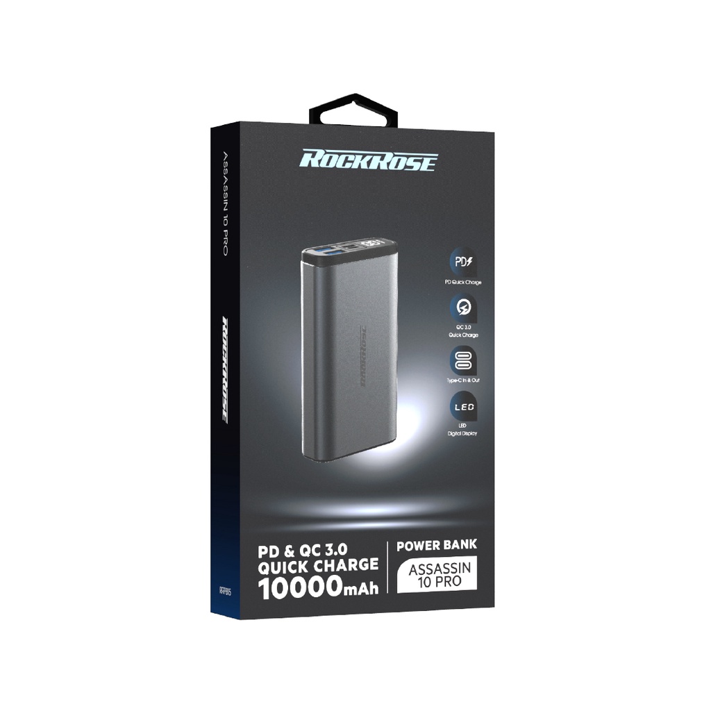 Sạc Dự Phòng 10000mAh ROCKROSE Assassin 10 Pro QC 3.0 - Cổng USB A/ Type C Sạc Nhanh Cho Iphone/ Android