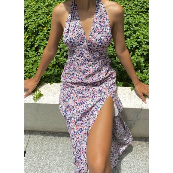 BEACH FEVER - Đầm maxi hoạ tiết hoa nhí tím hở lưng Katie