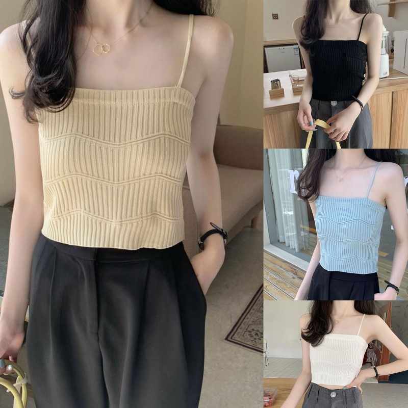 Brroa Áo Croptop Dệt Kim Trễ Vai Hai Dây Họa Tiết Kẻ Sọc Gợn Sóng Màu Trơn Thời Trang Mùa Hè Cho Nữ