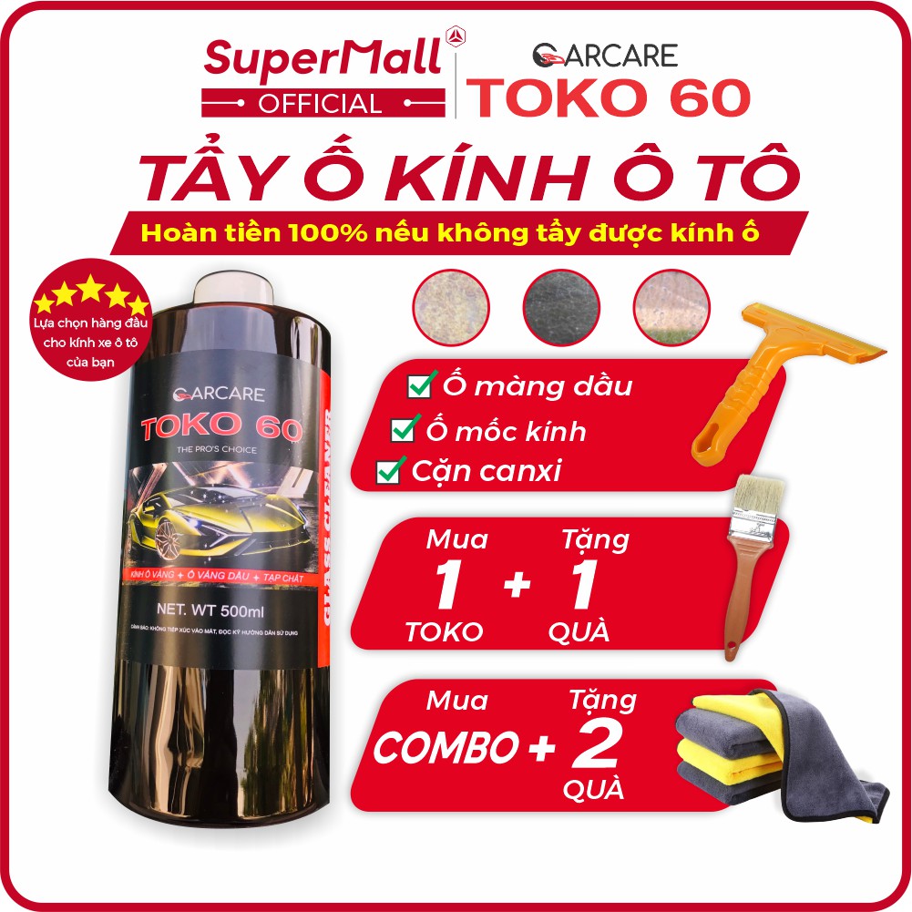 Dung dịch tẩy ố kính ô tô  TOKO 60 - 500ml, Tẩy cặn canxi, tẩy mốc kính ô tô, ố màng dầu