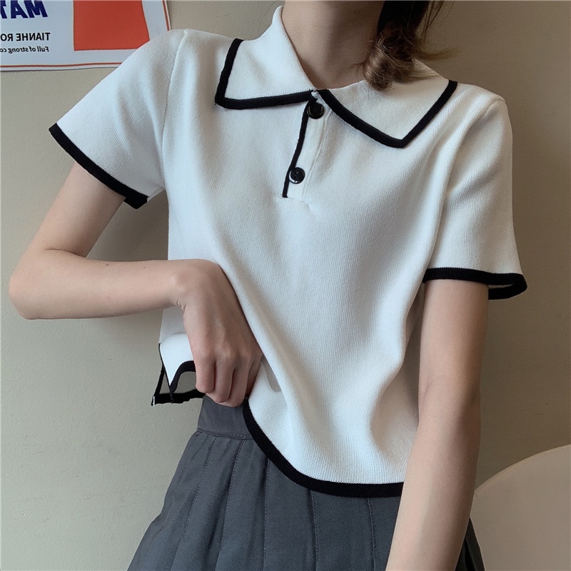 NUZIRO  Áo Thun Tay Ngắn Cổ Polo Dáng Ôm Màu Đen Trắng Phong Cách Hàn Quốc