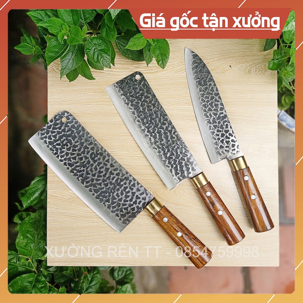 Bộ 3 Dao Nhà Bếp (Chặt - Thái - Lọc) Rèn Từ Thép Nhíp Dập Vân 2 Mặt - Cán Cẩm Chỉ Cao Cấp