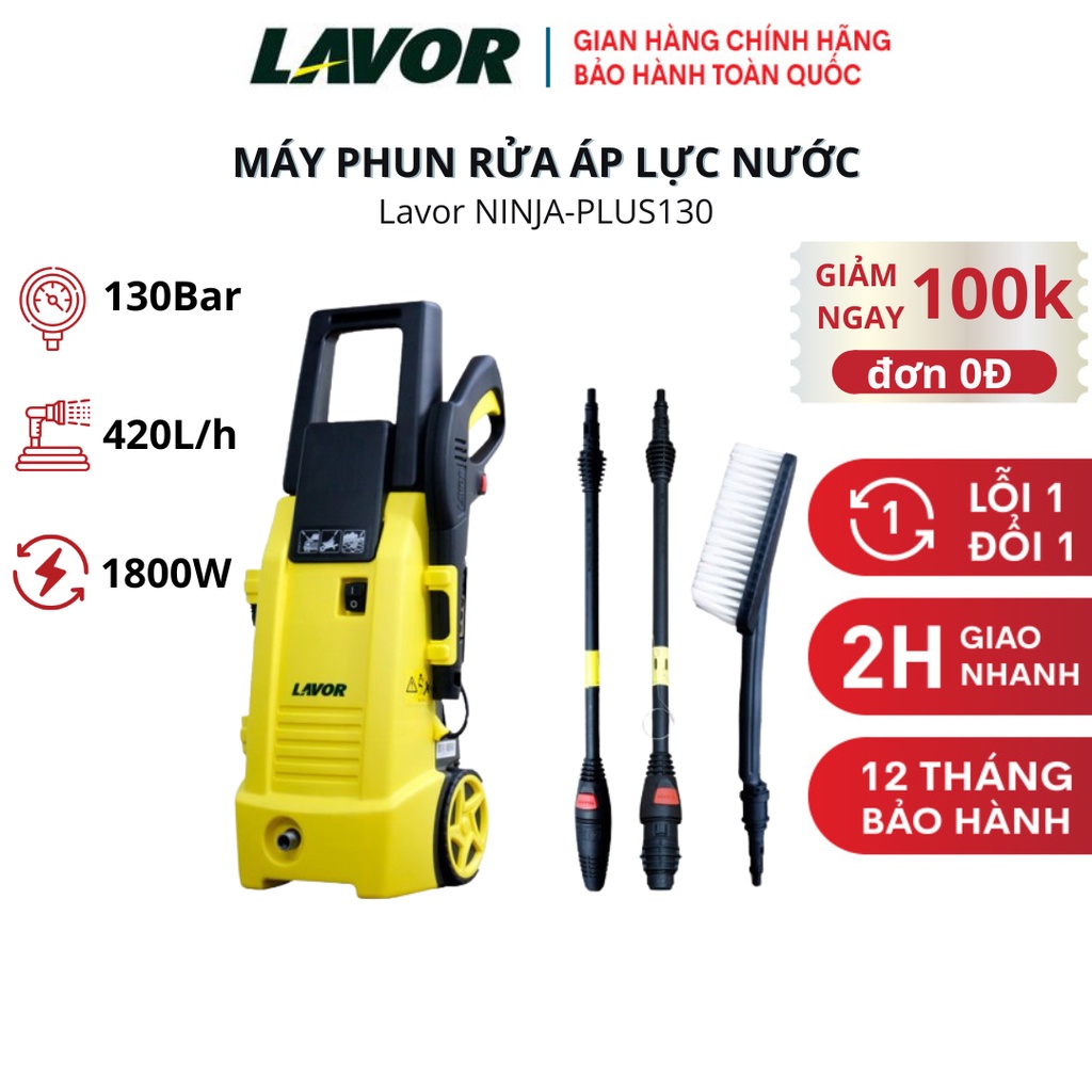 Máy phun rửa áp lực nước Lavor NINJA-PLUS130 động cơ chổi than đã bao gồm dây cấp nước, Bảo hành chính hãng 1 năm