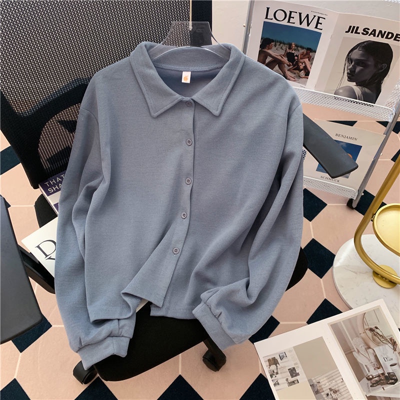 Áo Len Lửng Cổ Polo Dáng Rộng Màu Trơn Thời Trang Mùa Thu Phong Cách Hàn Quốc Mới Dành Cho Bạn Nữ