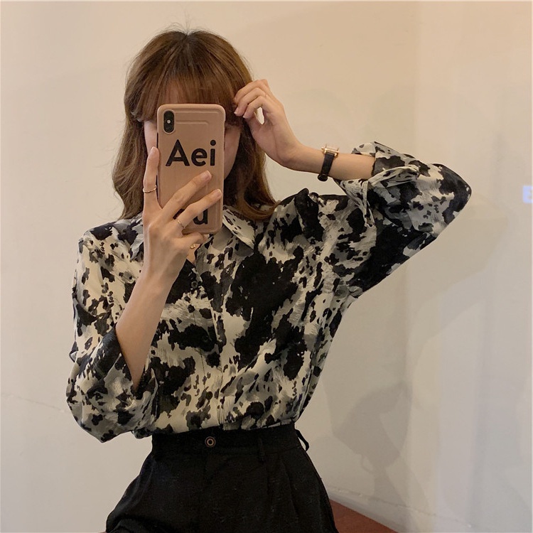 SUXI Áo sơ mi chiffon tay dài dáng rộng phong cách retro thời trang cho nữ