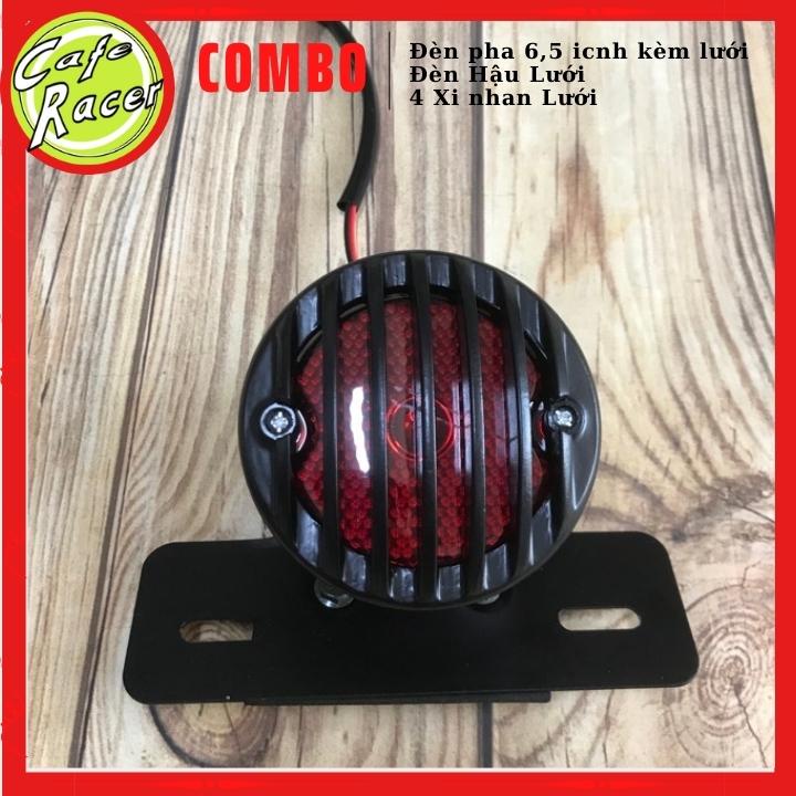Combo đèn pha lưới 6,5icnh gáo sắt mặt kính cùng đèn hậu lưới và 4 xi nhanh lưới độ xe CAFE RACER