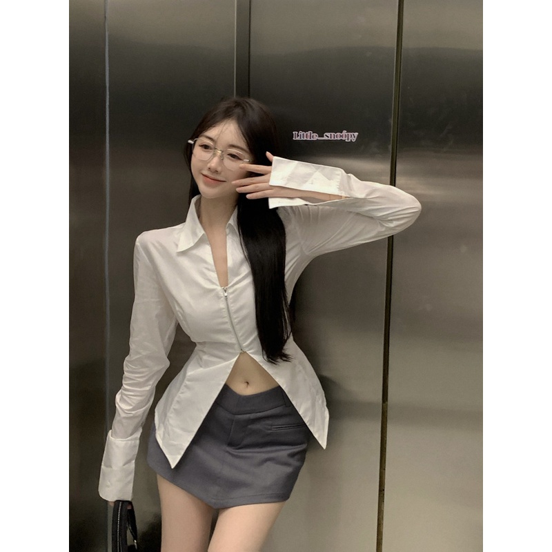 HUANG YOYO Áo Sơ Mi Trắng Tay Dài Cổ Chữ v Khóa Kéo Thời Trang Hàn Quốc Cho Nữ
